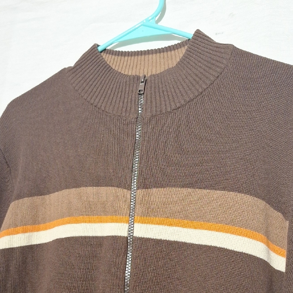 3/$20--Brown Knit Zip Up Men's Sweater With Stripes And Crew Neck, Sz. L., NWOT - Picture 2 of 13
